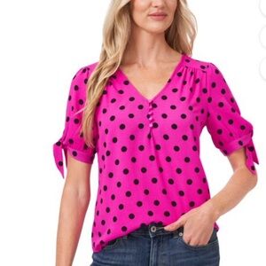 CECE Womens Pink Polka Dot Short Sleeve V Neck Top Size L